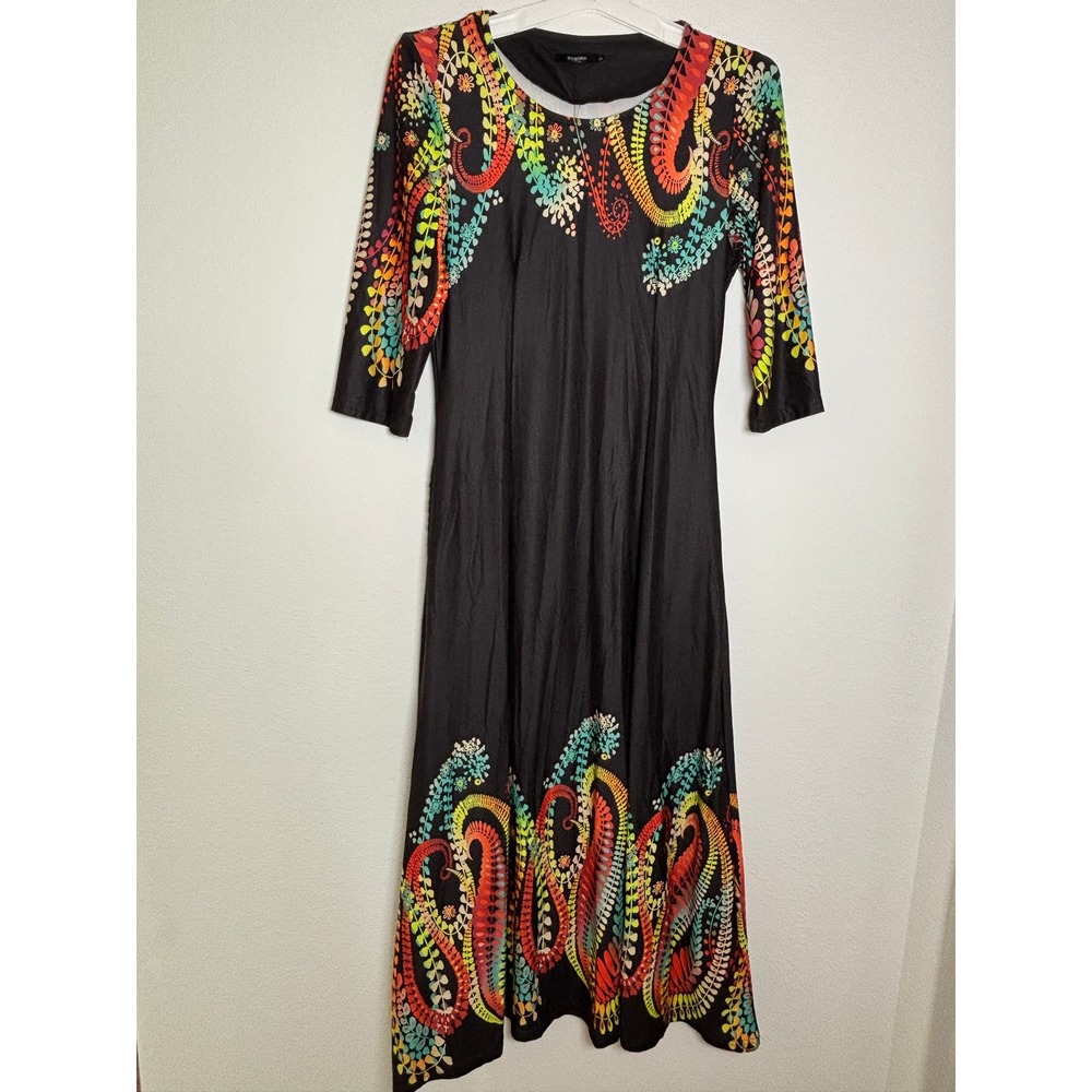 Reborn New York Paisley Print Maxi Dress Black Multi 3/4 Sleeve Boho Small